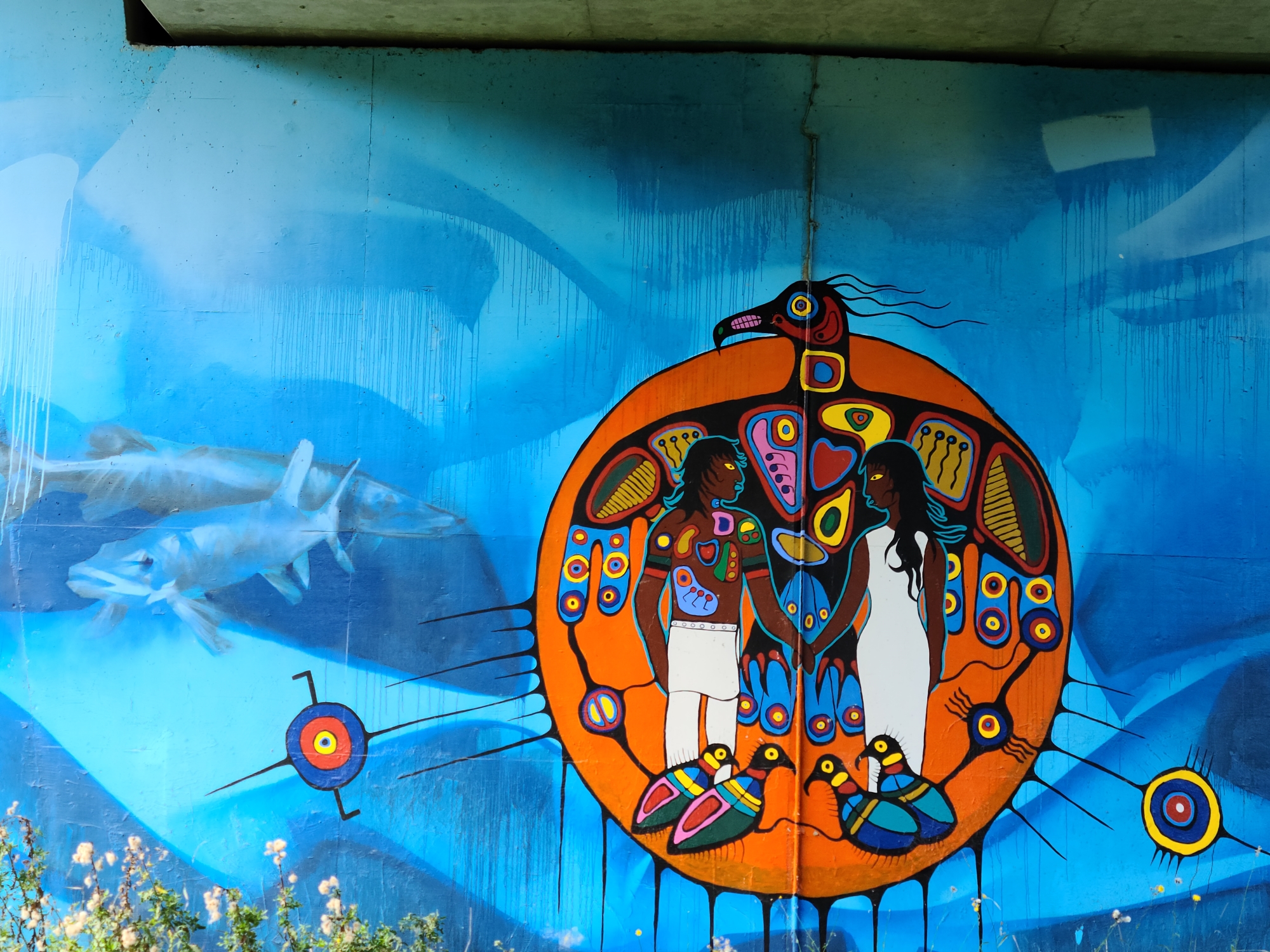 Indigenous mural, Indigenous art in Humber Park under Old Mill subway bridge in Toronto