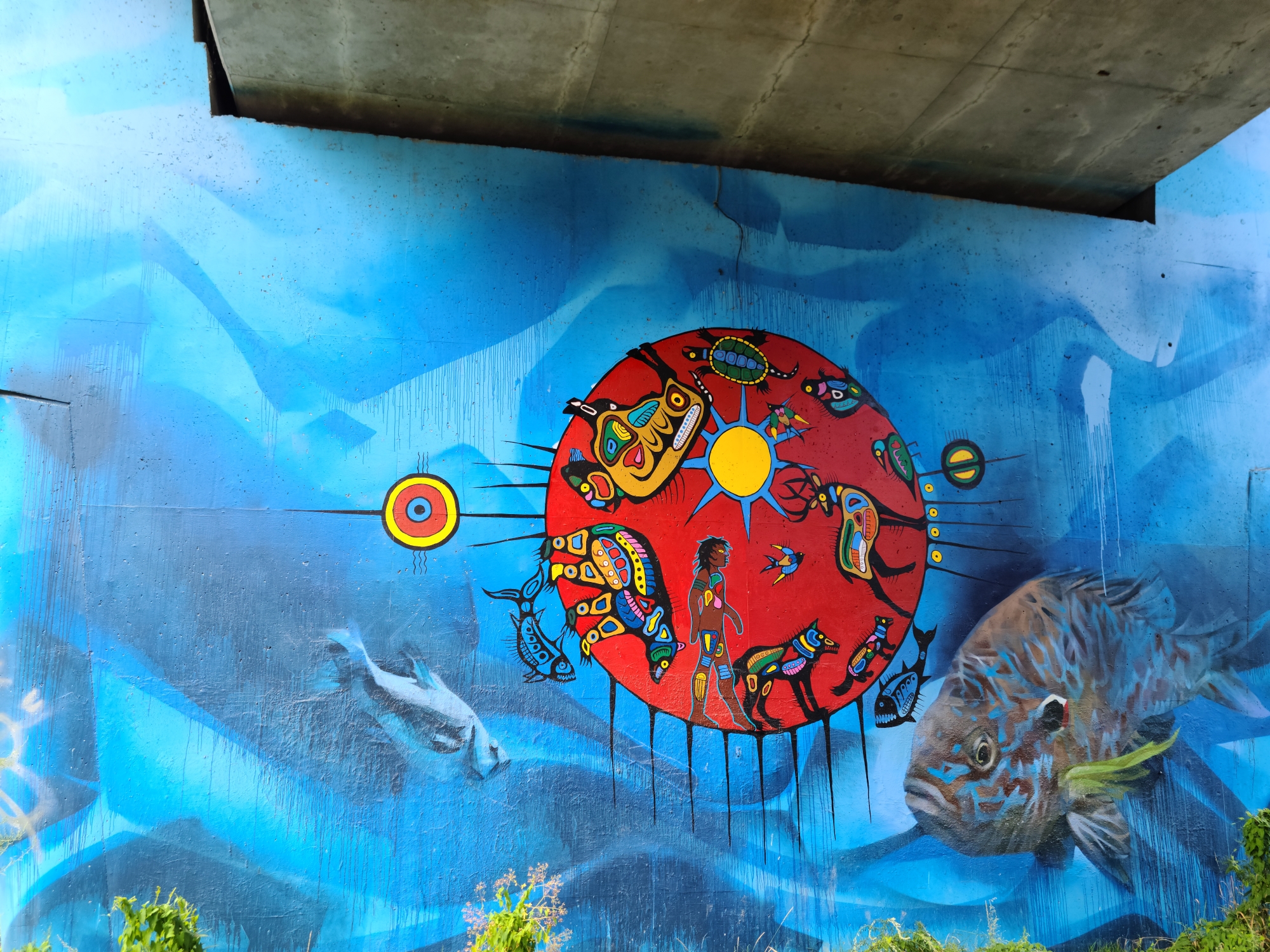 Indigenous murals, Indigenous art in Humber Park under Old Mill subway bridge in Toronto