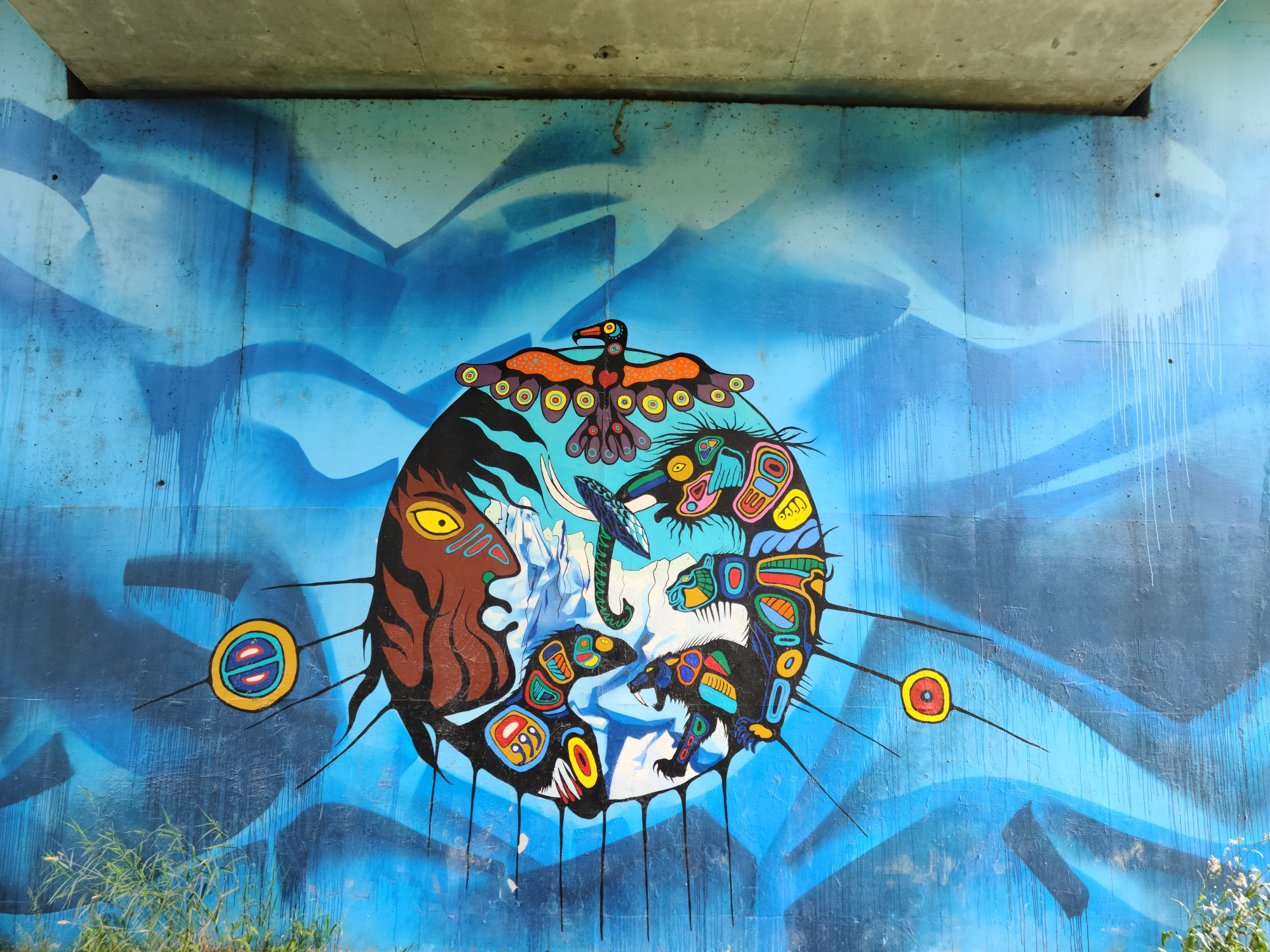 Indigenous murals, Indigenous art in Humber Park under Old Mill subway bridge in Toronto